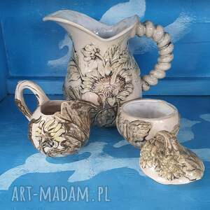 handmade ceramika komplet ceramiki użytkowej: dzban, cukiernica i mlecznik