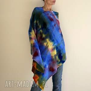 poncho narzutka z wełny merino kolorowa, ponczo, tunika unikat, prezent