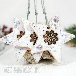 3 ceramiczne gwizadki choinkowe - hygge, białe gwiazdki, ozdoby świąteczne