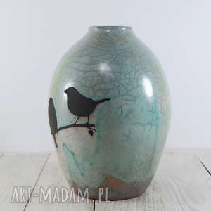 wazon raku wróbelki, turkus ptaszki, prezent, ceramika artystyczna