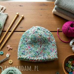 czapka z wełny naturalnej - kolorowy melanż ręcznie robiona