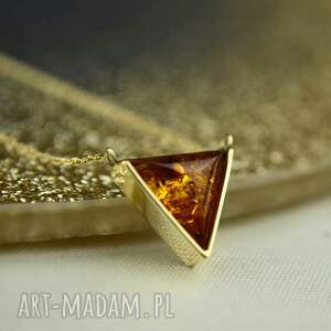 krótki złoty naszyjnik z bursztynowym trójkątem złoto 585, prezent