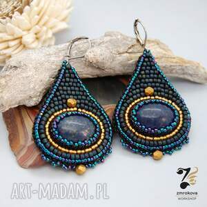 kolczyki z lapis lazuli długie haft koralikowy okazję