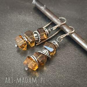 Kolczyki z kwarcem miodowym na biglach otwartych, srebro oksydowane