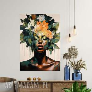 plakaty plakat portret czarnoskórej kobiety - portret kobiety z kwiatami i roślinami