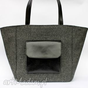 handmade na ramię shopper bag worek - tkanina antracyt i skóra czarna