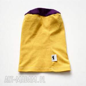 Czapka damska Smerfetka dzianinowa żółta z fioletową górą dobra