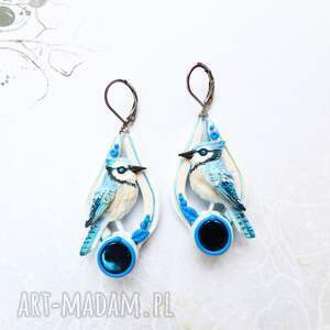 Kolczyki z sójką błękitną, modrosójka, ptaszek, natura