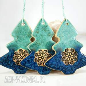 3 ceramiczne choinki świąteczne - boho, dekoracje choinkowe, turkusowe