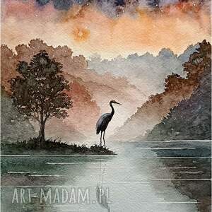 O zmierzchu nad stawem, Akwarela 24x32 cm, żuraw, pejzaż, żurawie
