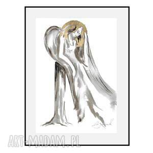 Prezent Skrzydlaty ze złotem grafika ręcznie malowana i złocona 21cm