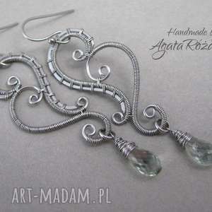 kolczyki z zielonym ametystem, wire wrapping, stal chirurgiczna, wirewrapping