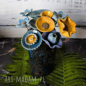 handmade ceramika niebiesko - żółty bukiet kwiatów na cały rok