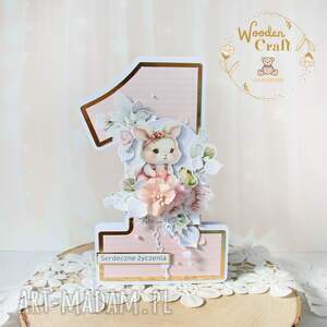 Kartka cyferka Jedynka Bunny Love 1 na roczek - handmade