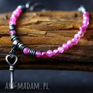 handmade bransoletka klucz do serca, różowy turmalin