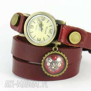 ręcznie wykonane bransoletka, zegarek - serce steampunk bordo, skórzany