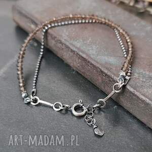 Delikatna srebrna bransoletka z kwarcem dymnym, srebro oksydowane