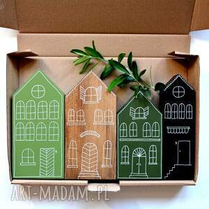4 x domki drewniane ręcznie malowane kamieniczki ozdoby