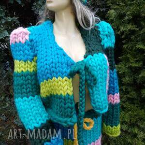 swetry wielokolorowy patchworkowy kardigan grube sploty, sweter duże oczka