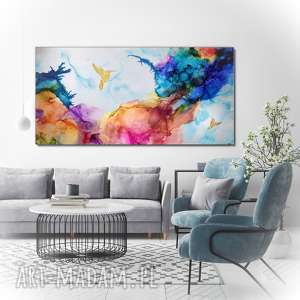 obraz do salonu - kolibry w tęczowej mgle abstrakcja ręcznie malowana