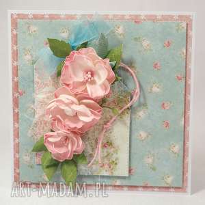 błękitno - różowa kartka, życzenia, scrapbooking