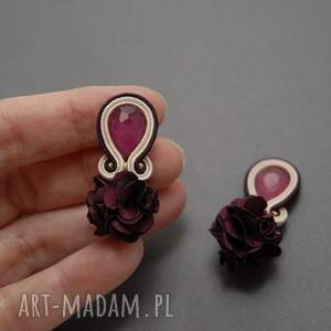 bordowo kremowe kolczyki sutasz z kwiatkiem, sznurek, wyjściowe