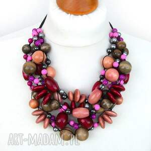 handmade naszyjniki szaro - różowe korale, masywny naszyjnik z koralików