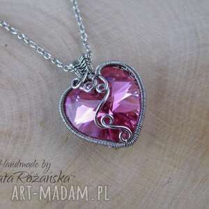 handmade wisiorki wisiorek serce kryształowe różowe, kryształek, wire