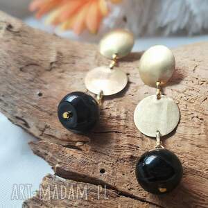 eleganckie kolczyki z mosisiądzu czarnym obsydianem mosiądz, kamień ochronny