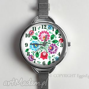zegarki folkowe kwiaty - zegarek z dużą tarczką, ludowe