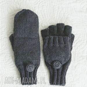 Rękawiczki Flap wełniane, mitenki, klapka, dziergane