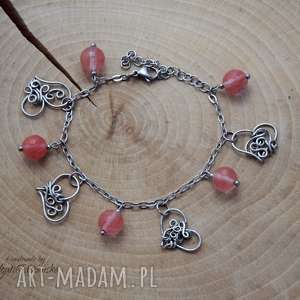 bransoletka z kwarcem malinowym, regulowana, wire wrapping, stal chirurgiczna