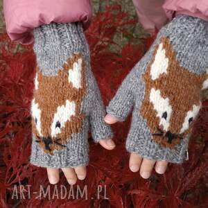 rękawiczki dziecięce/szare mitenki/rudy lisek/