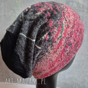 czapka uszyta z dzianiny swetrowej wrzosowo - szara na podszewce rozmiar