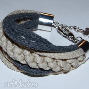 ręcznie zrobione beżowo - szara bransoletka ze sznurków poliestrowych