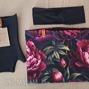 goka zestaw piwonie handmade komin mitenki, opaska, samauszyłam, oryginalny