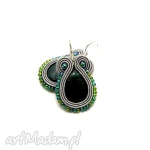 kolczyki z kocim okiem, soutache sznurek, szmaragdowe zielone, kolorowe