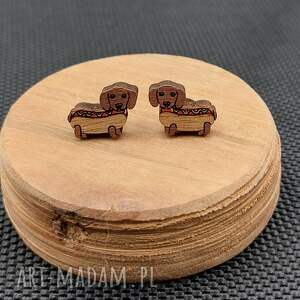 kolczyki drewniane jamniki hot dogi drewniana biżuteria, pies