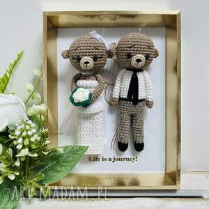 młoda para misie w złotej ramce ręcznie robione prezent ślubny obraz, pamiątka