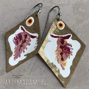 kolczyki big fish white rose, yellow accent mosiądzu, ręcznie