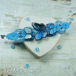 handmade bransoletka makramowa z motylami w odcieniach błękitu
