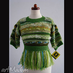 zielony sweterek z frędzlami, unikat oryginał, prezent