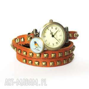 ręcznie robione bransoletka, zegarek - kolorowy ptak camel, nity, skórzany