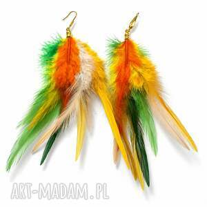 Kolorowe kolczyki z piór - lekkie boho handmade