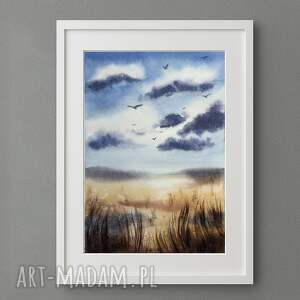 akwarela jesienny pejzaż pole, chmury, trawy