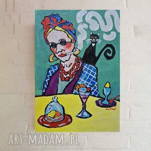 obraz do salonu dama kot wie pierwszy, obrazy olejne, karykatura, ręcznie