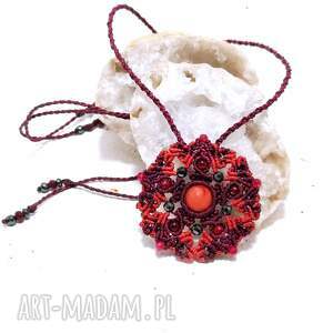 Gwiazda pentagram koral rubin naszyjnik choker pleciony ażurowa mandala, kamienie naturalne, szlachetne, amulet