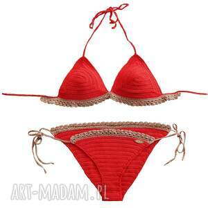 czerwone bikini, szydełkowane, kostium plażowy szydełkowe szydełku