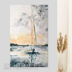 żagiel obraz olejny, malowany ręcznie, 38cm x 60cm, żaglówka jezioro, pejzaż