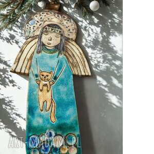 aniołek z rudym kotkiem, kotek ceramiczny, anioł kotem, rudy lot, dekoracja